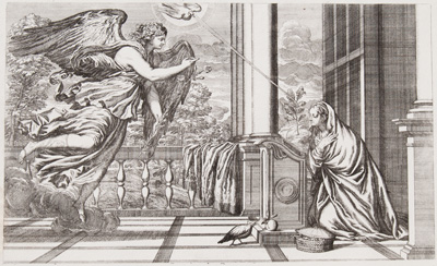 Titian etching from 1682 The Annunciation of the Madonna
(AKA The Angel Gabriel announces the birth of Jesus to Mary; the Light of the Holy Spirit on her brow) 